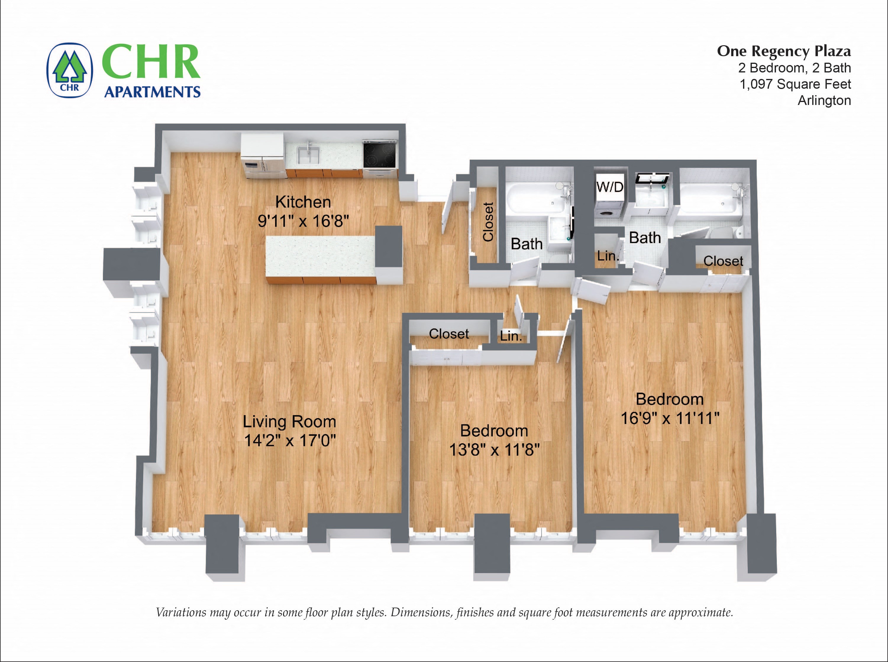 Floor plan for 2 beds, 2 baths, 1136 sqft